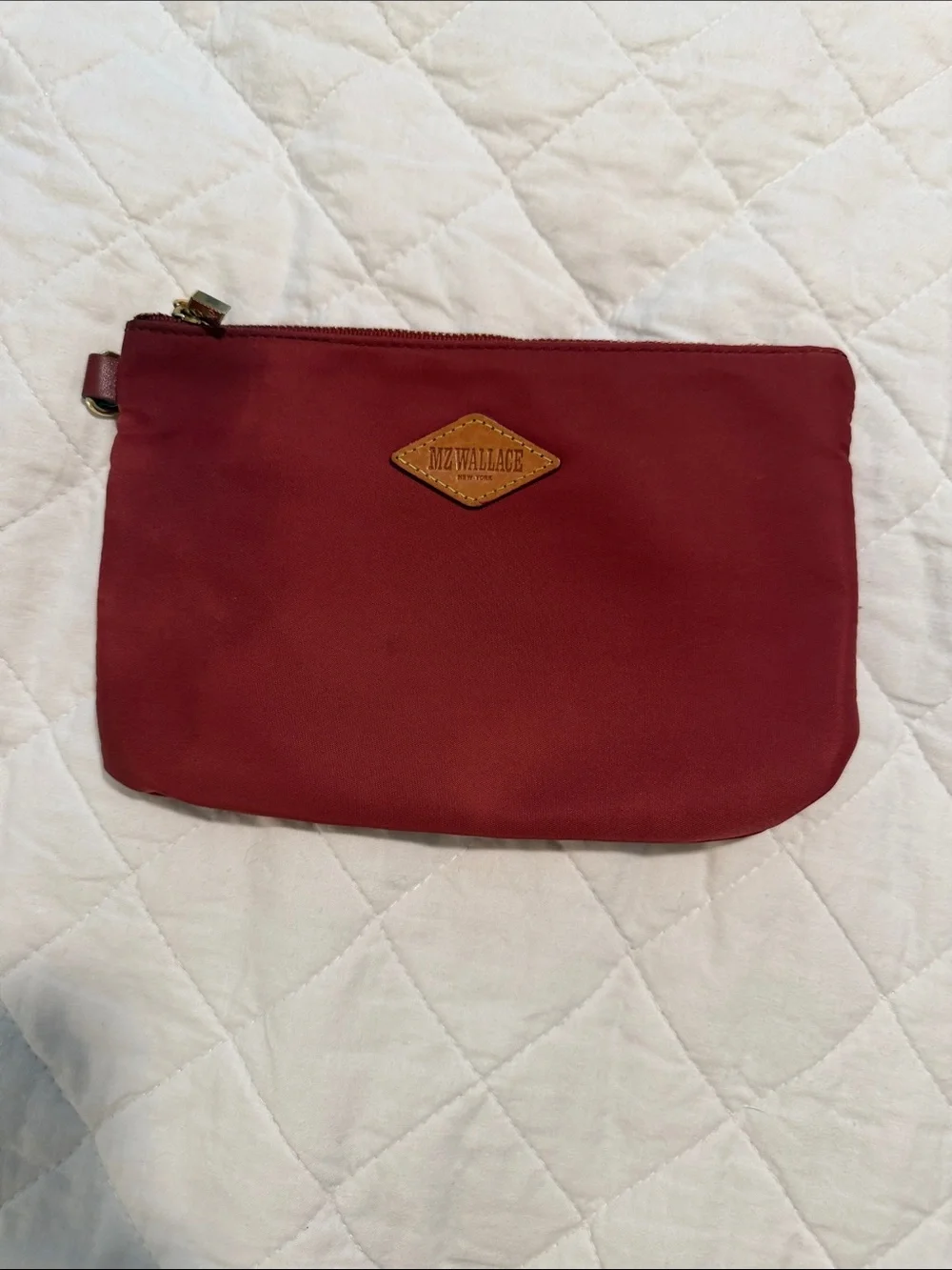 MZ Wallace Burgundy Zip Pouch with Tan Leather Logo